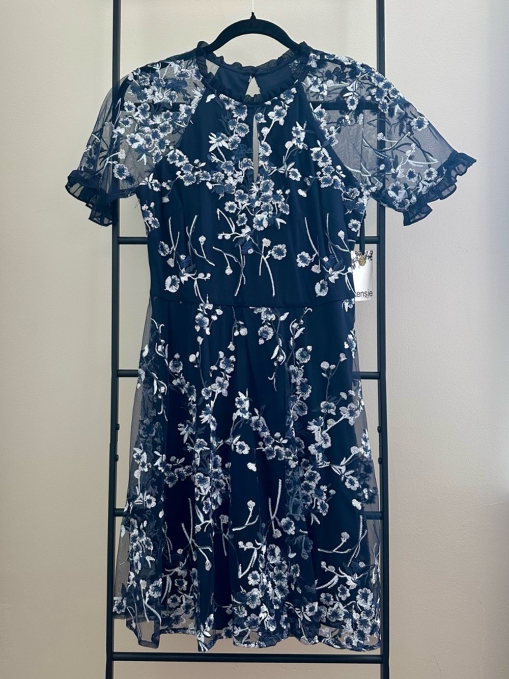 Kensie Navy Midi Dress with White Floral Embroidery